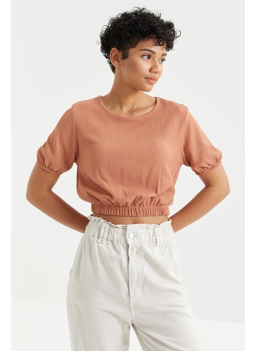 Cinnamon Balloon Sleeve O Neck Elastic Waist Crepe Fabric Women's Crop Top T-Shirt - 97221