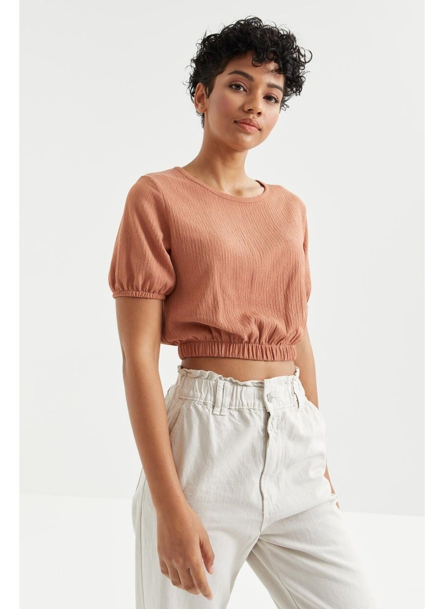 Cinnamon Balloon Sleeve O Neck Elastic Waist Crepe Fabric Women's Crop Top T-Shirt - 97221