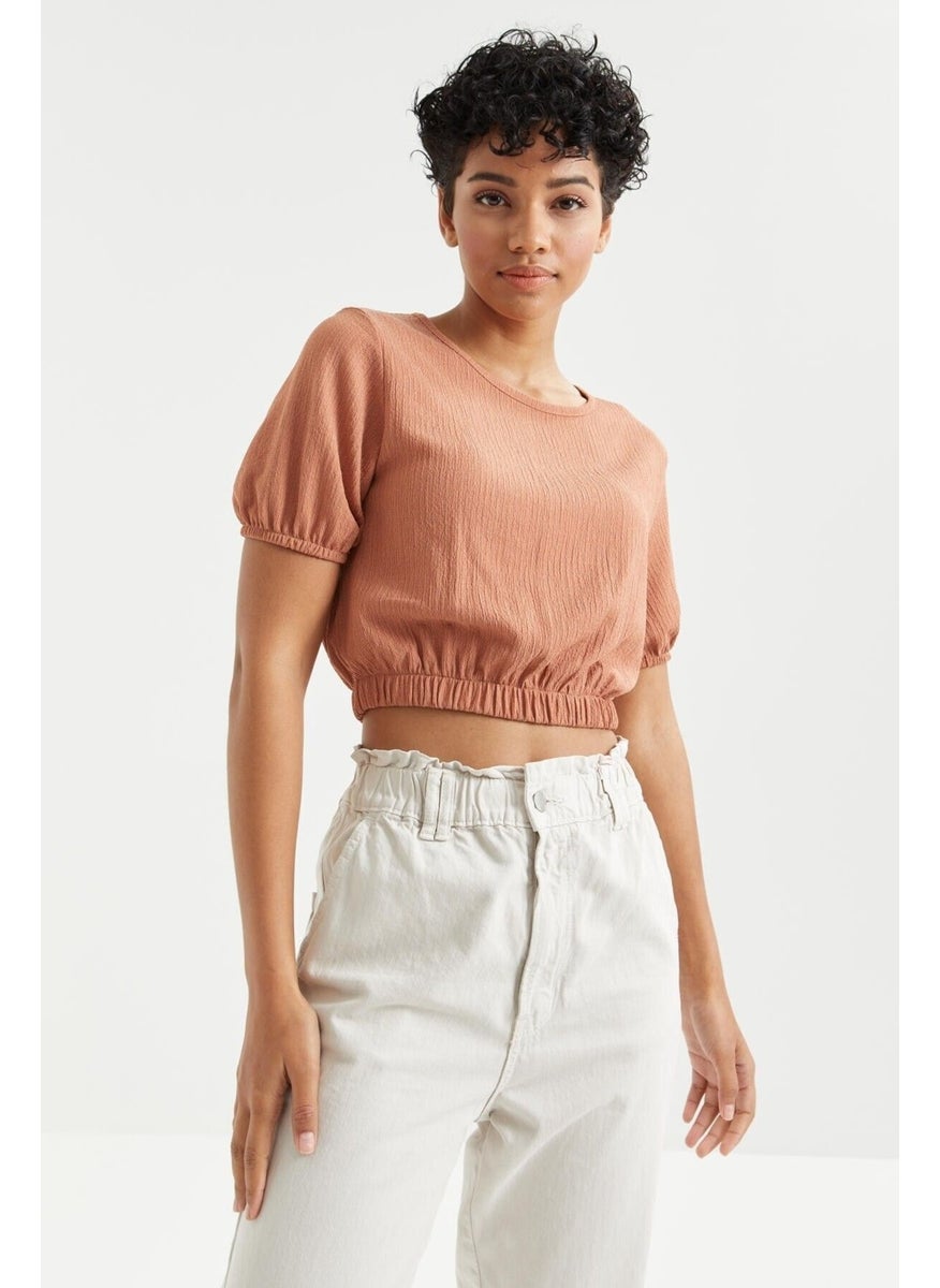 Cinnamon Balloon Sleeve O Neck Elastic Waist Crepe Fabric Women's Crop Top T-Shirt - 97221