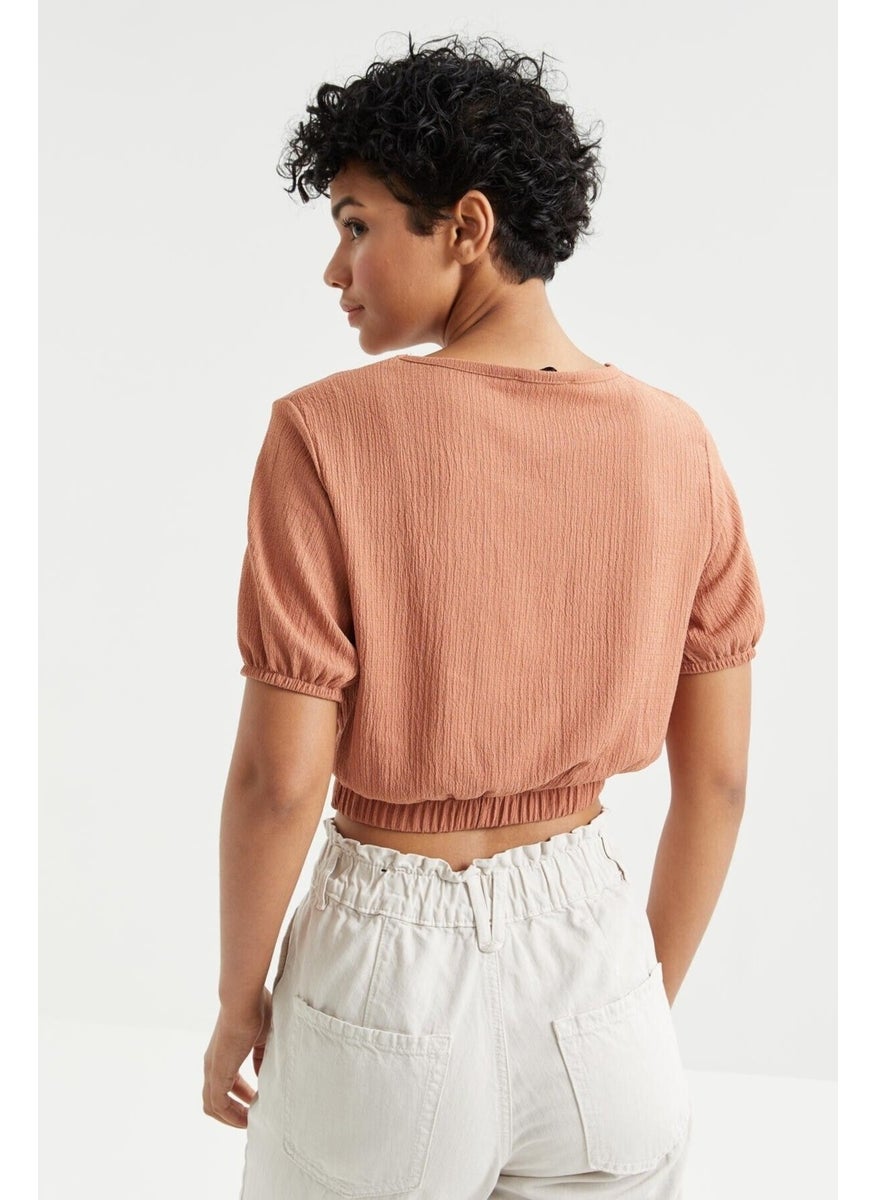 Cinnamon Balloon Sleeve O Neck Elastic Waist Crepe Fabric Women's Crop Top T-Shirt - 97221