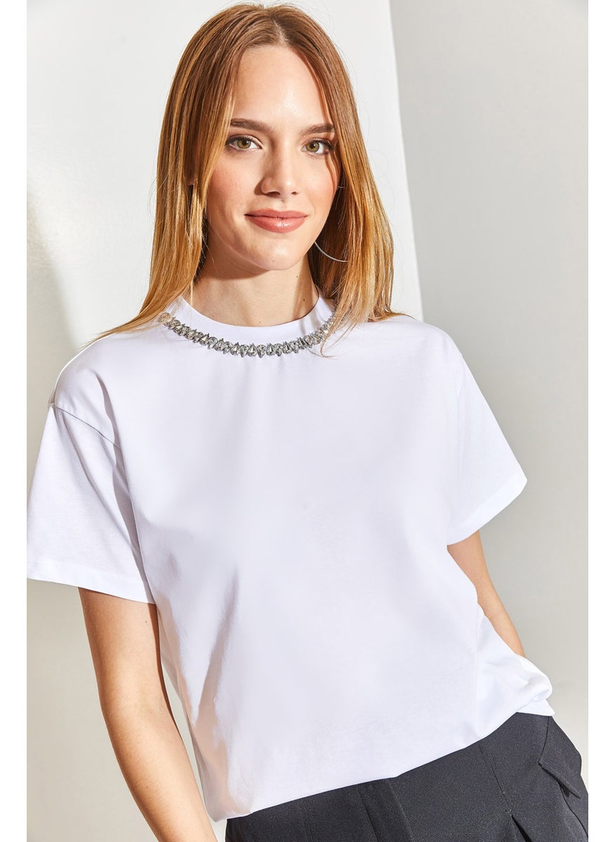 Collar Stone Embroidered Combed Cotton T-shirt