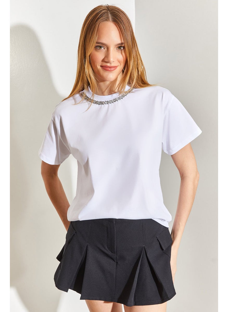 Collar Stone Embroidered Combed Cotton T-shirt