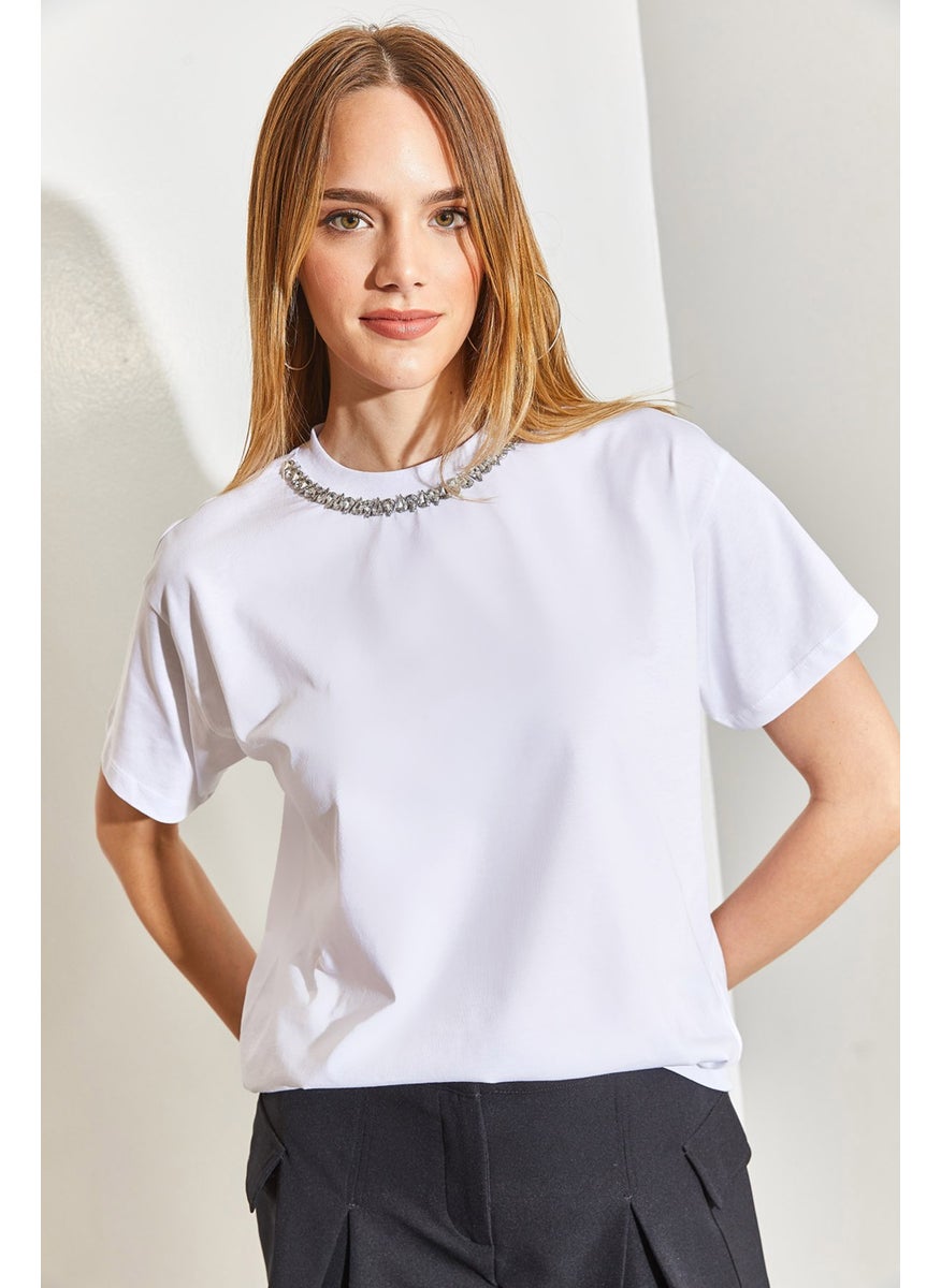 Collar Stone Embroidered Combed Cotton T-shirt