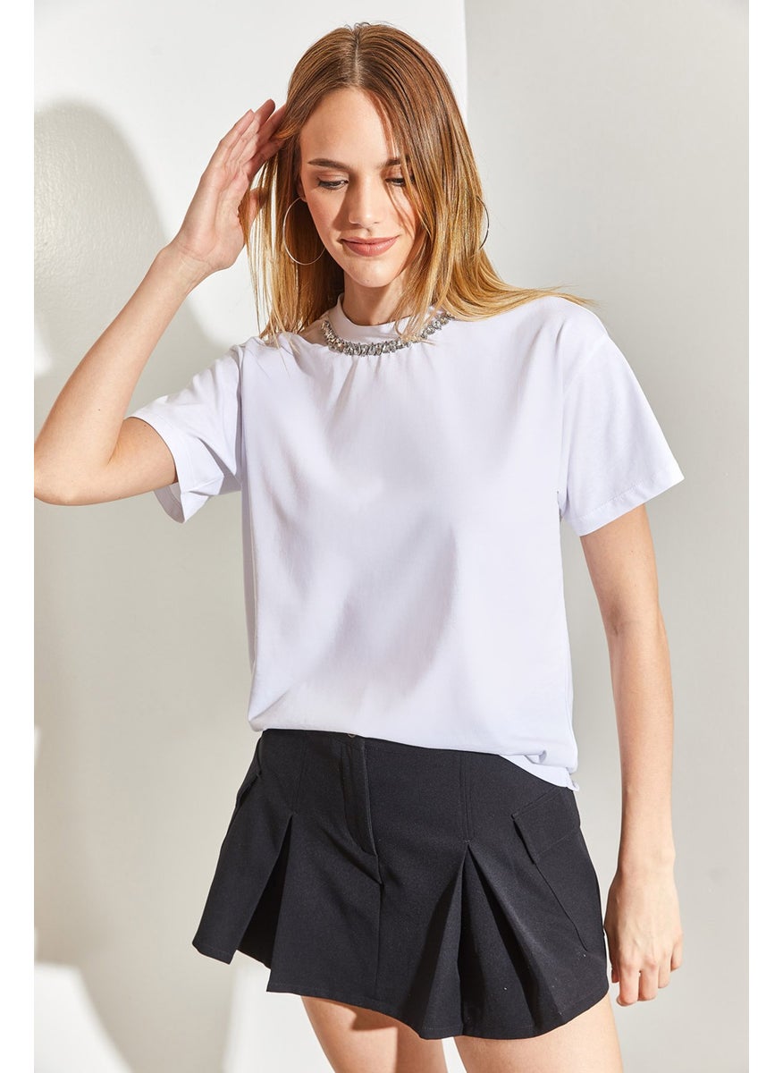 Collar Stone Embroidered Combed Cotton T-shirt