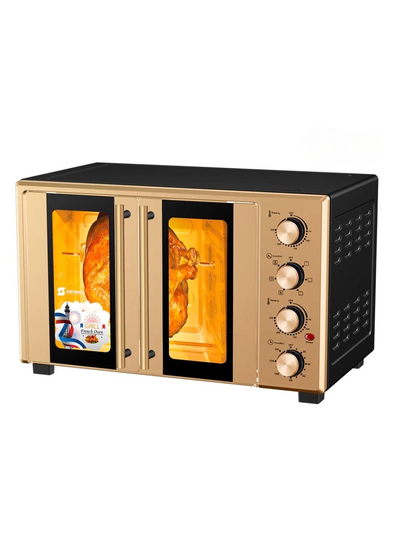 60L Electric Convection Oven – Double Glass Door Toaster Oven with 4 Knob Controls, Adjustable Thermostat – Household Countertop Oven for Baking, Roasting, French Toast
