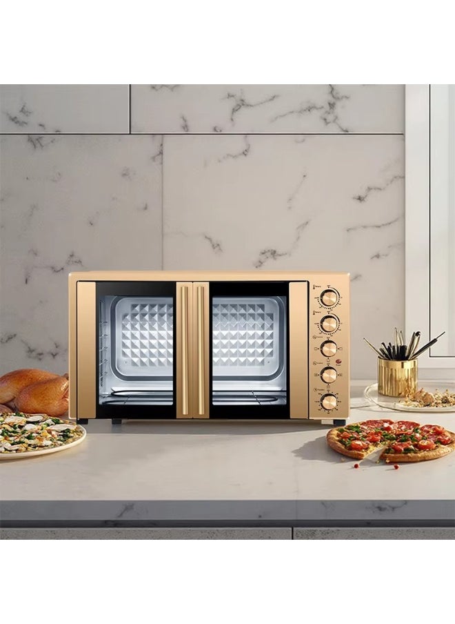 60L Electric Convection Oven – Double Glass Door Toaster Oven with 4 Knob Controls, Adjustable Thermostat – Household Countertop Oven for Baking, Roasting, French Toast