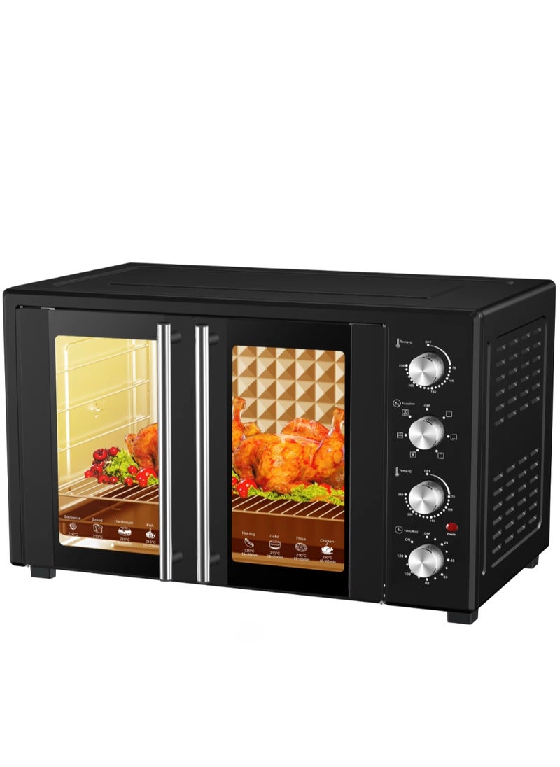 60L Electric Convection Oven – Double Glass Door Toaster Oven with 4 Knob Controls, Adjustable Thermostat – Household Countertop Oven for Baking, Roasting, French Toast