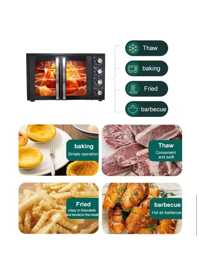 60L Electric Convection Oven – Double Glass Door Toaster Oven with 4 Knob Controls, Adjustable Thermostat – Household Countertop Oven for Baking, Roasting, French Toast