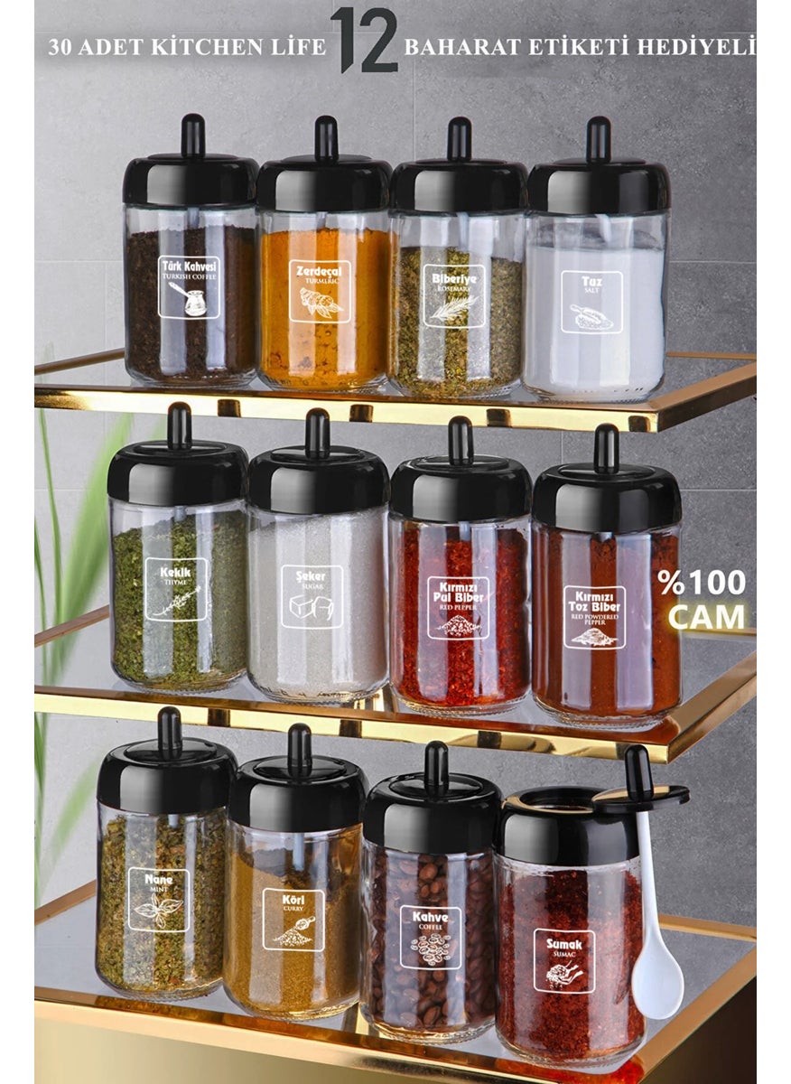 12 Piece Spice Jar Set with Lid, Spoon and Gold Label 300 ml Glass Spice Set
