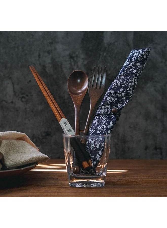 Japanese-style Wooden Portable Tableware Suit Chopsticks Spoon Fork Three-piece Set Easy For Students To Carry To Work Bring Their Own Tableware-Specifications:Sui Set ⚑⚑-Color:Cloth Bag Thread Brown Fork Chopsticks Spoon⚑⚑