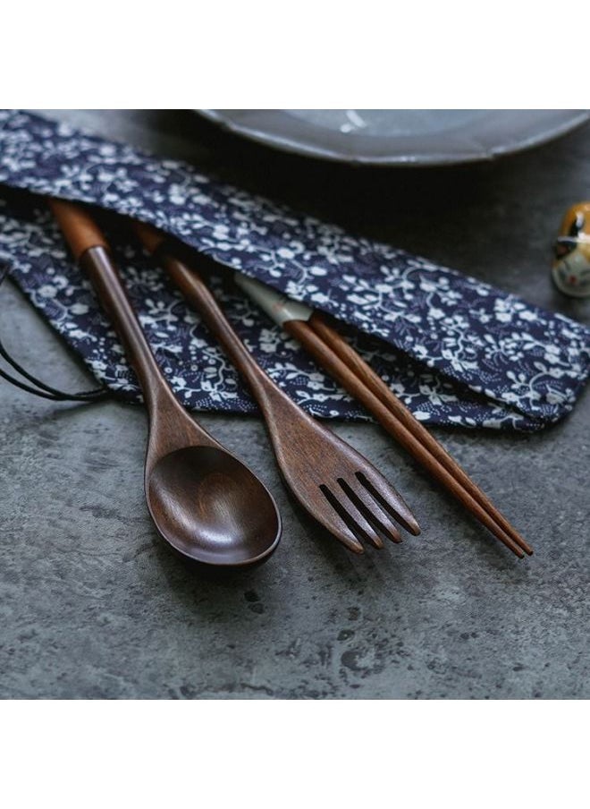 Japanese-style Wooden Portable Tableware Suit Chopsticks Spoon Fork Three-piece Set Easy For Students To Carry To Work Bring Their Own Tableware-Specifications:Sui Set ⚑⚑-Color:Cloth Bag Thread Brown Fork Chopsticks Spoon⚑⚑