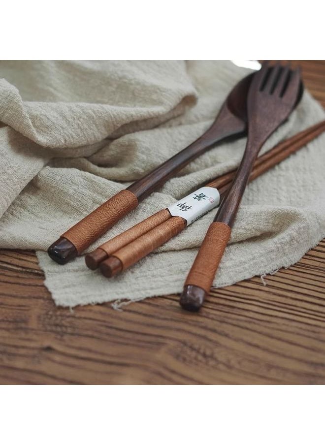 Japanese-style Wooden Portable Tableware Suit Chopsticks Spoon Fork Three-piece Set Easy For Students To Carry To Work Bring Their Own Tableware-Specifications:Sui Set ⚑⚑-Color:Cloth Bag Thread Brown Fork Chopsticks Spoon⚑⚑