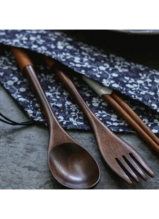 Japanese-style Wooden Portable Tableware Suit Chopsticks Spoon Fork Three-piece Set Easy For Students To Carry To Work Bring Their Own Tableware-Specifications:Sui Set ⚑⚑-Color:Cloth Bag Thread Brown Fork Chopsticks Spoon⚑⚑