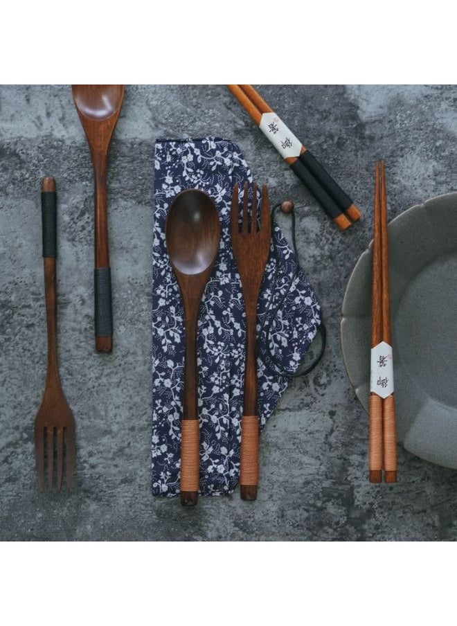 Japanese-style Wooden Portable Tableware Suit Chopsticks Spoon Fork Three-piece Set Easy For Students To Carry To Work Bring Their Own Tableware-Specifications:Sui Set ⚑⚑-Color:Cloth Bag Thread Brown Fork Chopsticks Spoon⚑⚑