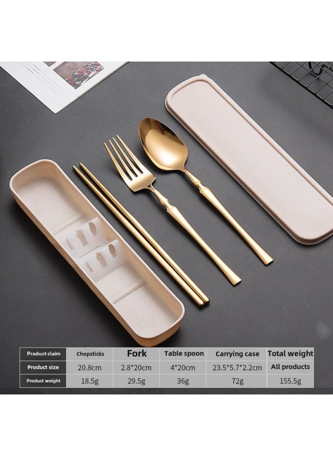 Small Man Waist Stainless Steel Portable Tableware Suit Spoon And Fork Chopsticks Three-piece Japanese Tableware Student Spoon And Chopsticks Suit-Specifications:Gold Three-piece Set