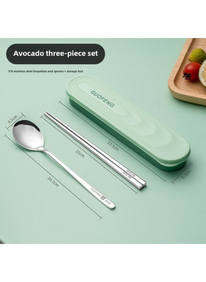 Portable Stainless Steel 316L Cutlery Set Small Student Three-Piece Dinnerware Storage Box Foldable Tableware For Individuals-Specifications:Avocado Green 3-piece Set (chopsticks + Spoon + Tableware Box)