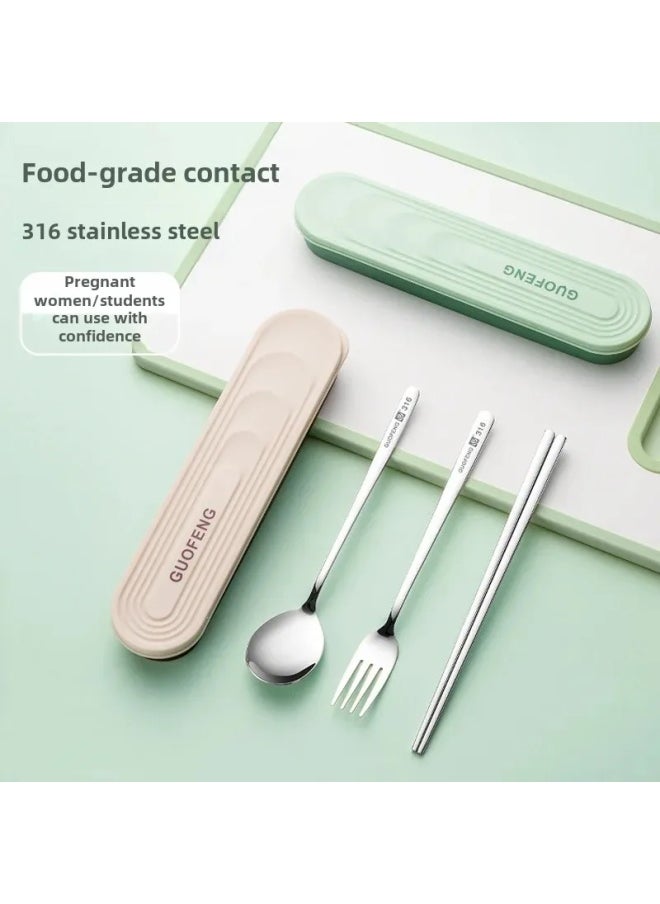 Portable Stainless Steel 316L Cutlery Set Small Student Three-Piece Dinnerware Storage Box Foldable Tableware For Individuals-Specifications:Avocado Green 3-piece Set (chopsticks + Spoon + Tableware Box)