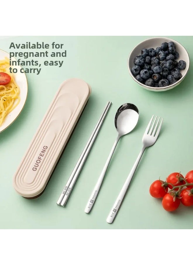 Portable Stainless Steel 316L Cutlery Set Small Student Three-Piece Dinnerware Storage Box Foldable Tableware For Individuals-Specifications:Avocado Green 3-piece Set (chopsticks + Spoon + Tableware Box)