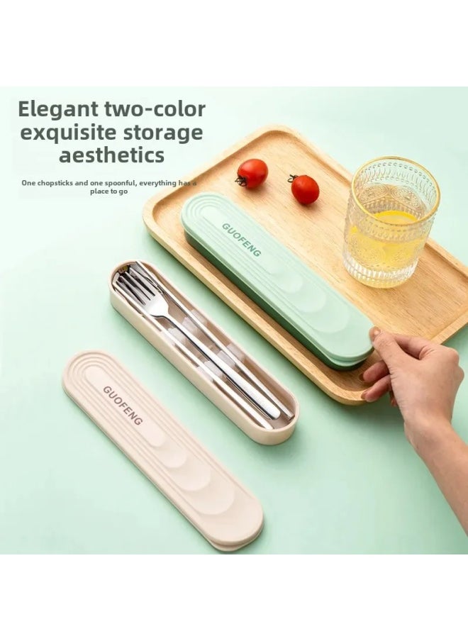 Portable Stainless Steel 316L Cutlery Set Small Student Three-Piece Dinnerware Storage Box Foldable Tableware For Individuals-Specifications:Avocado Green 3-piece Set (chopsticks + Spoon + Tableware Box)