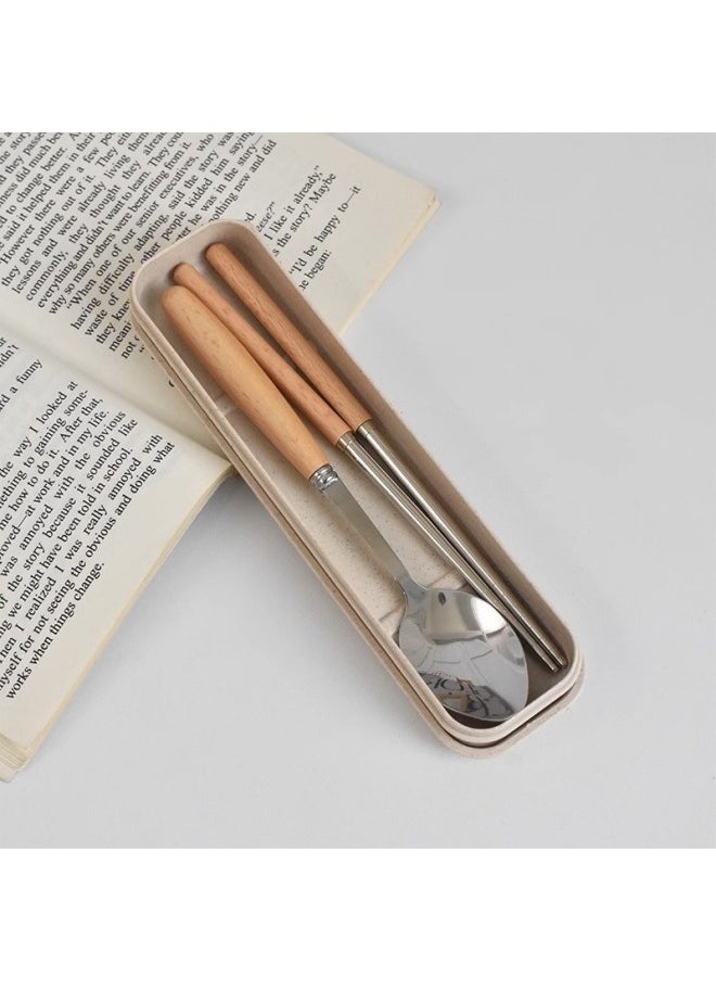 Ins Style Yellow Goose Chessboard Chopsticks Spoon Suit Stainless Steel Tableware Student Portable One Person Single Pack-Specifications:Original Wooden Handle Spoon + Wooden Chopsticks + Rice Box