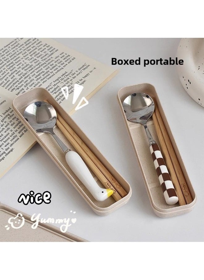 Ins Style Yellow Goose Chessboard Chopsticks Spoon Suit Stainless Steel Tableware Student Portable One Person Single Pack-Specifications:Original Wooden Handle Spoon + Wooden Chopsticks + Rice Box
