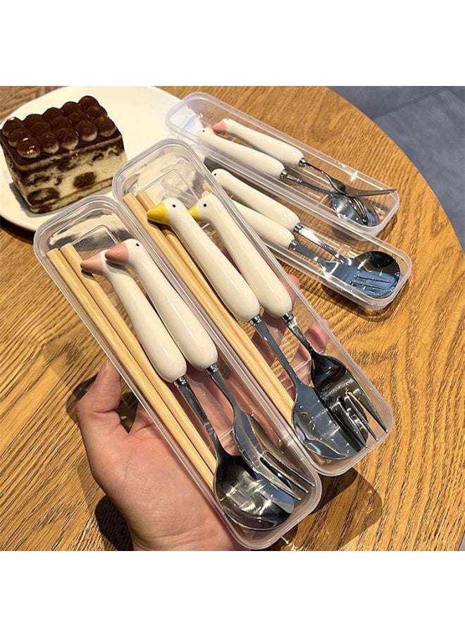 Ins Style Yellow Goose Chessboard Chopsticks Spoon Suit Stainless Steel Tableware Student Portable One Person Single Pack-Specifications:Original Wooden Handle Spoon + Wooden Chopsticks + Rice Box