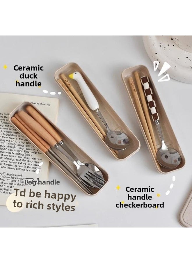 Ins Style Yellow Goose Chessboard Chopsticks Spoon Suit Stainless Steel Tableware Student Portable One Person Single Pack-Specifications:Original Wooden Handle Spoon + Wooden Chopsticks + Rice Box