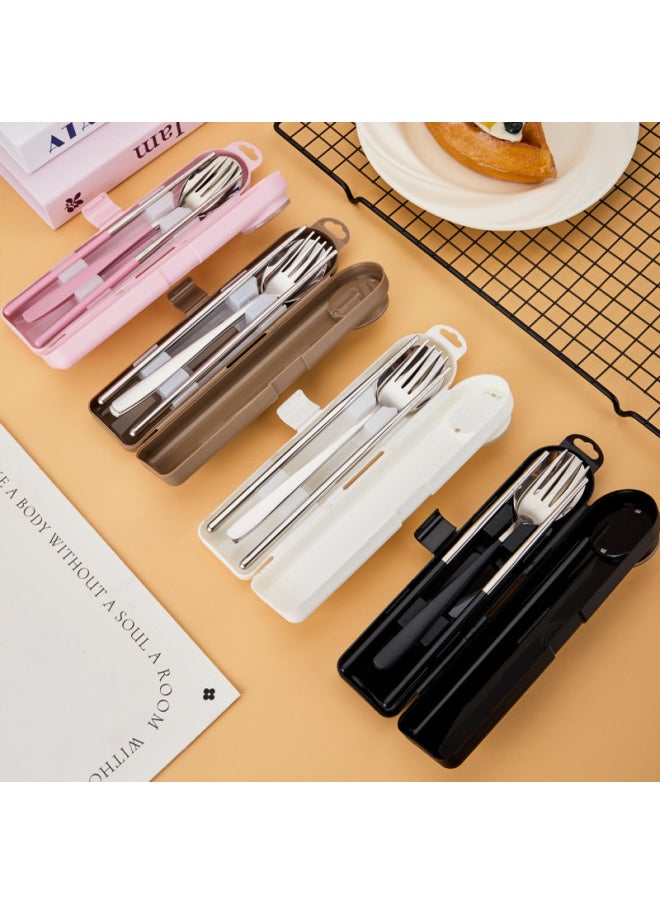 304 Stainless Steel Portable Spoon Fork Chopsticks Tableware Set Student Outdoor Travel Color Value Tableware Storage Box-Specifications:304 2-piece Set Of Forks, Spoons And Chopsticks-Color:White Astronaut