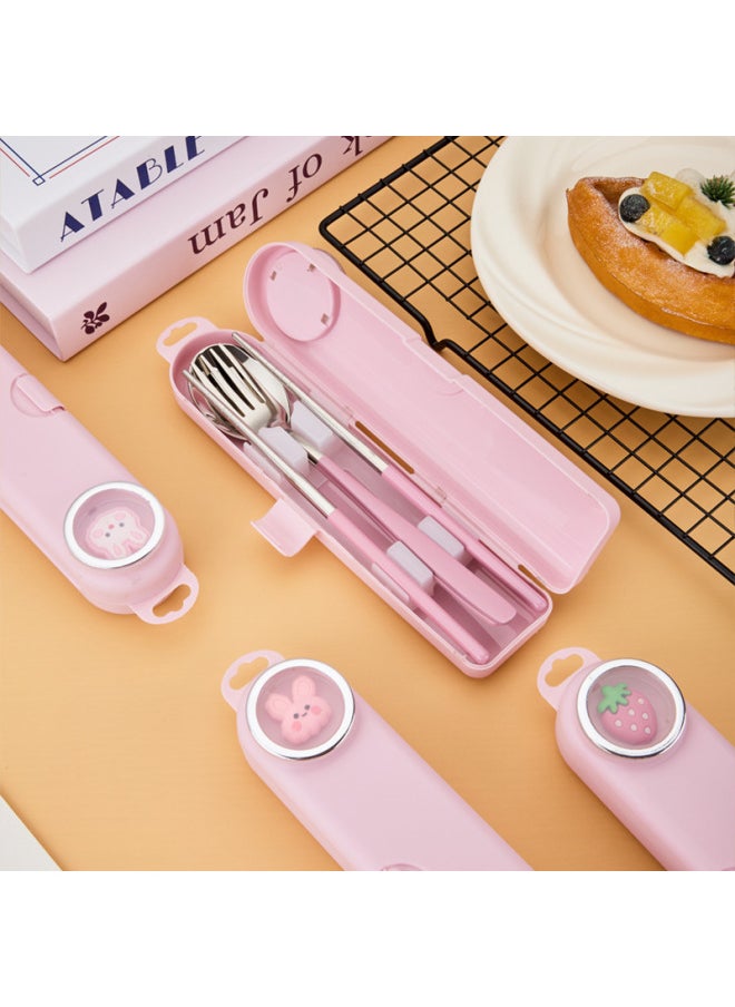 304 Stainless Steel Portable Spoon Fork Chopsticks Tableware Set Student Outdoor Travel Color Value Tableware Storage Box-Specifications:304 2-piece Set Of Forks, Spoons And Chopsticks-Color:White Astronaut
