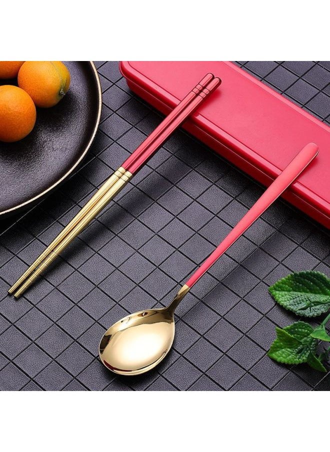 Korean Style Chopsticks Spoon Suit Portable Ins Japanese Tableware Student Adult Fork Single Office Worker Storage Box-Specifications:Default Items⚑⚑-Color:Korean Style Convenient Two-piece Set (gift Box) Red⚑⚑