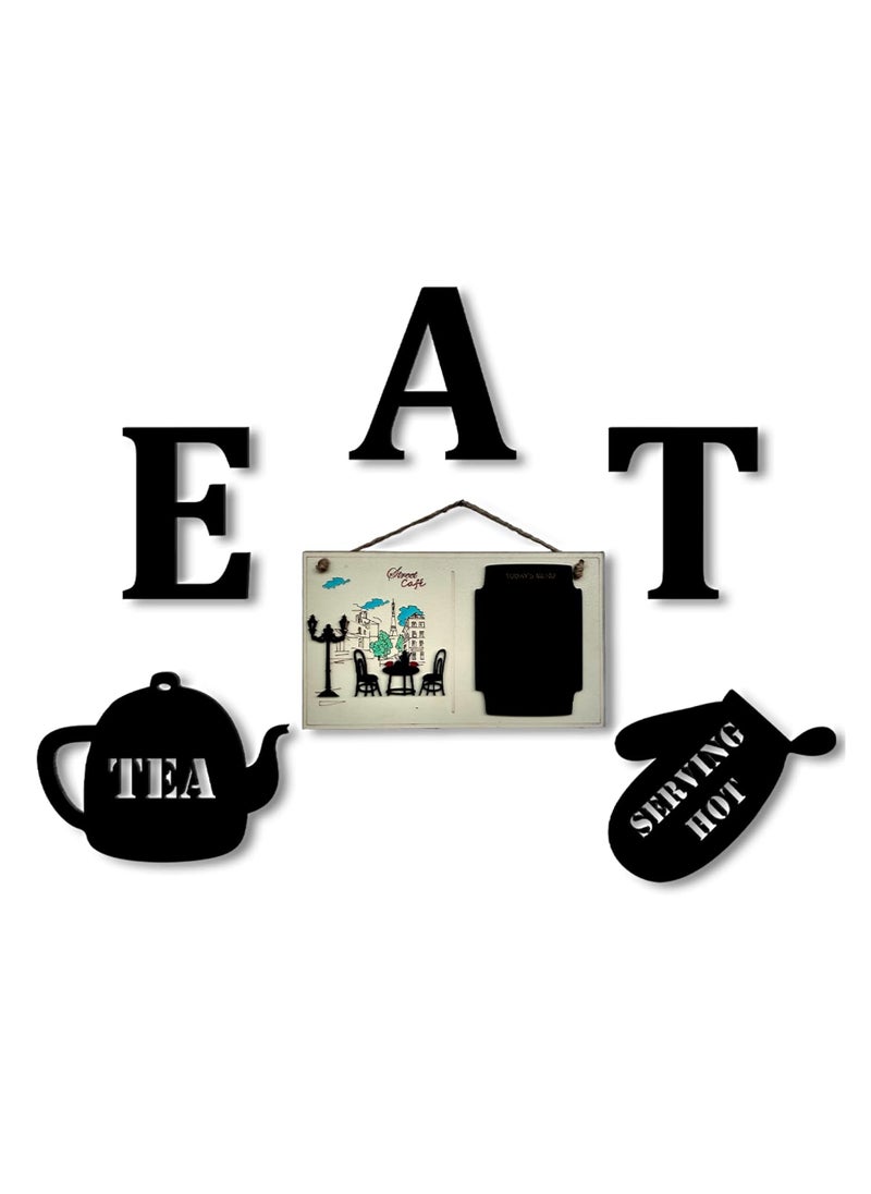 Chalk My Theme Set of 6 Kitchen Wall Art with Street Cafe EAT Kettle and Oven Mitt Designs Perfect for Home Restaurant Cafe or Hotel Decor Kitchen Wall Decoration Items