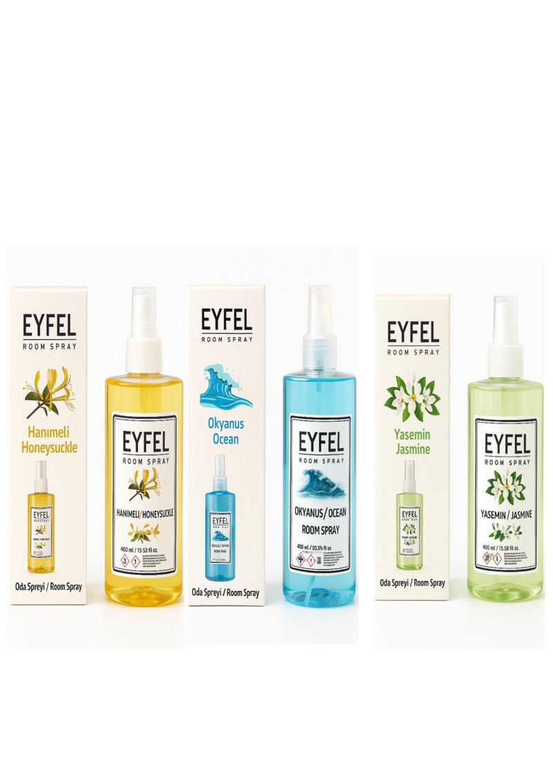 Room Spray Combo Pack – Jasmine, Ocean & Honeysuckle Fragrances – 3 x 400ml Long-Lasting Air Freshener