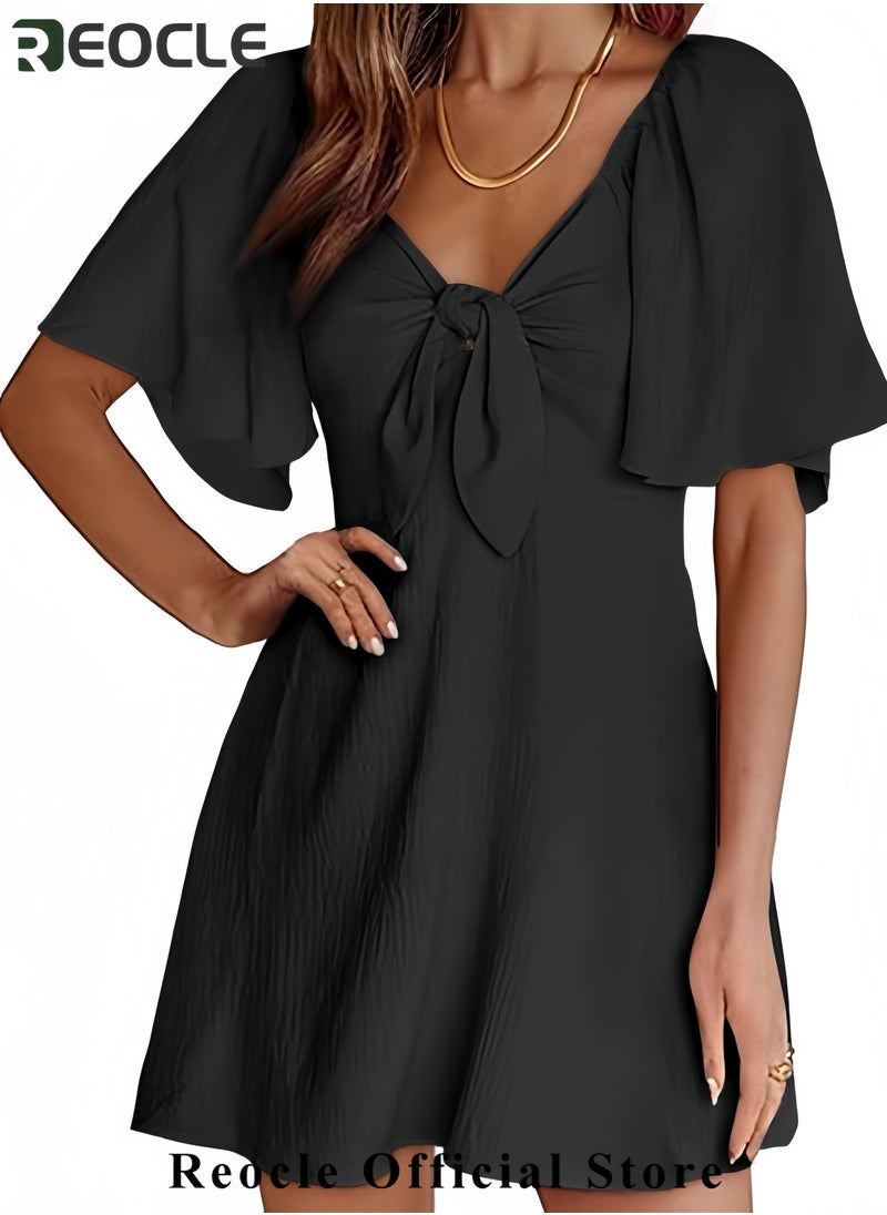 Womens Dresses Spring Summer Deep V Neck Elegant Bow tie Mini Dress S-XL