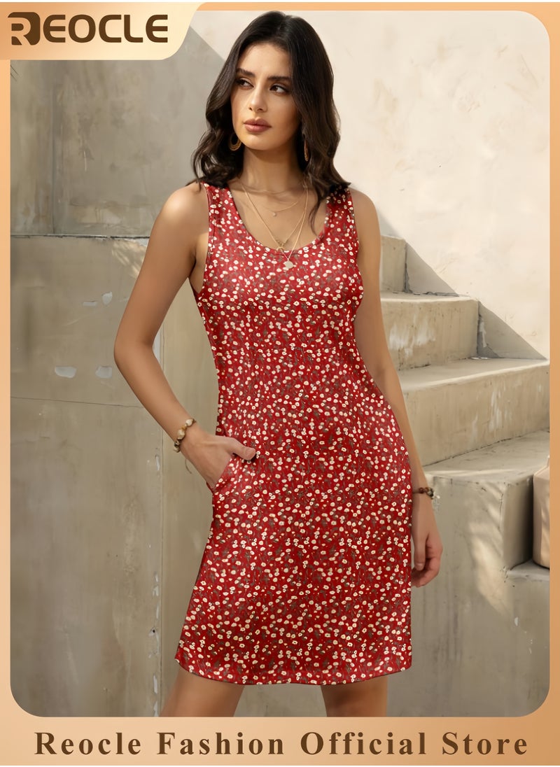 Women's Summer Dress Sleeveless Floral Boho Sundress Swimsuit Coverup Casual Loose Beach Vacation Tank Dresses
