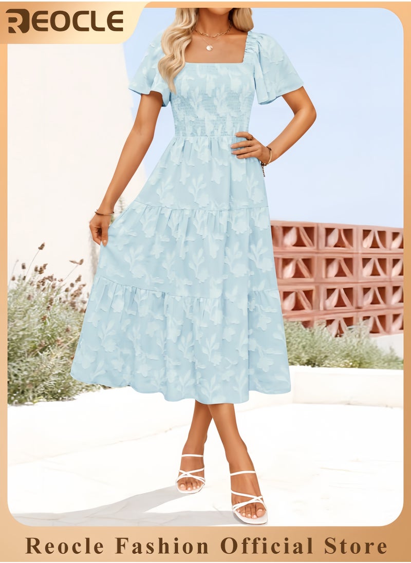 Women's Summer Boho Floral Midi Dresses Casual Short Sleeve Square Neck Flowy Beach Vacation Long Dress