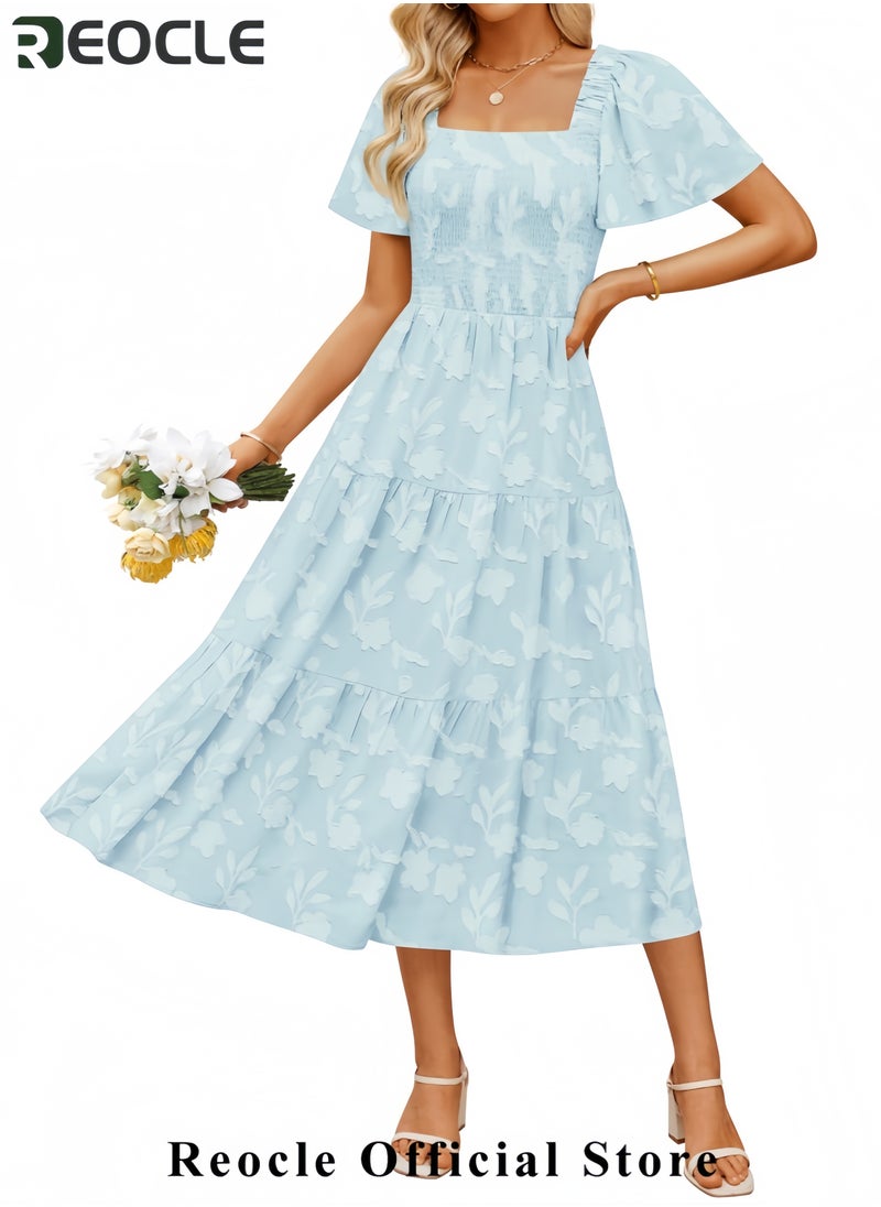 Women's Summer Boho Floral Midi Dresses Casual Short Sleeve Square Neck Flowy Beach Vacation Long Dress