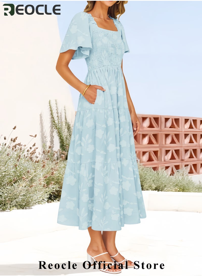 Women's Summer Boho Floral Midi Dresses Casual Short Sleeve Square Neck Flowy Beach Vacation Long Dress