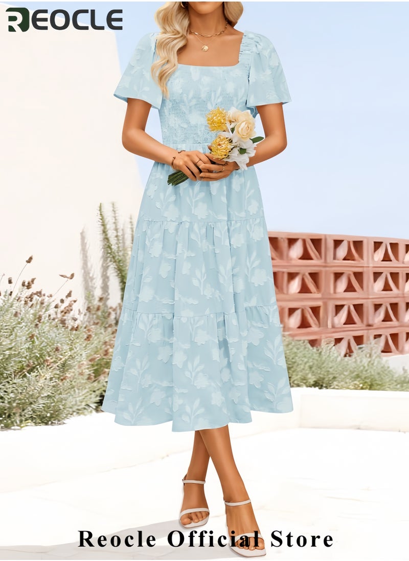 Women's Summer Boho Floral Midi Dresses Casual Short Sleeve Square Neck Flowy Beach Vacation Long Dress