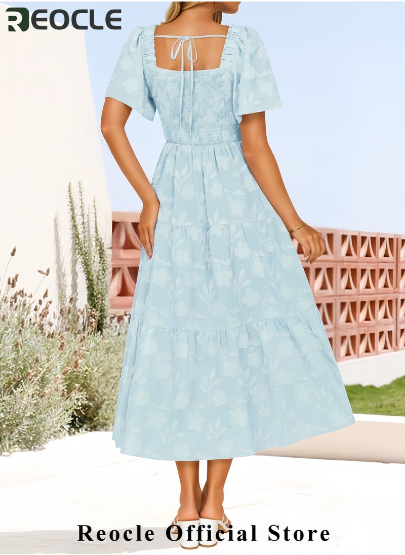 Women's Summer Boho Floral Midi Dresses Casual Short Sleeve Square Neck Flowy Beach Vacation Long Dress