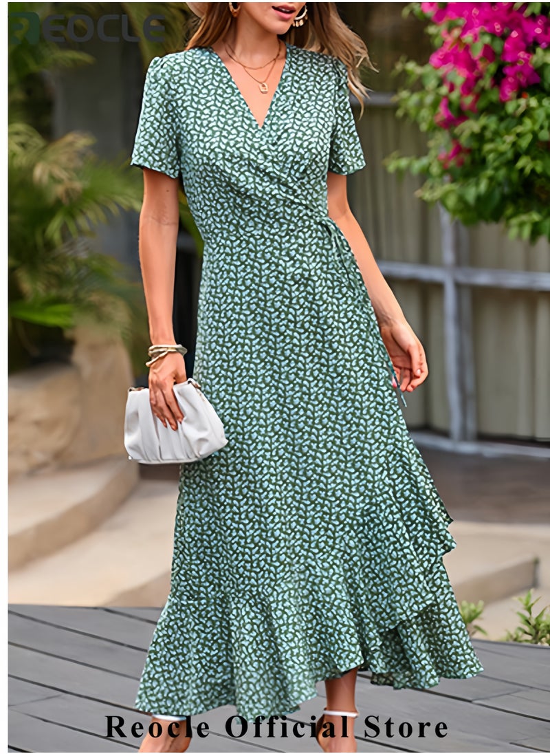Women's Summer Wrap Maxi Dress Casual Boho Floral V Neck Short Sleeve Ruffle Hem Split Beach Long Dresses
