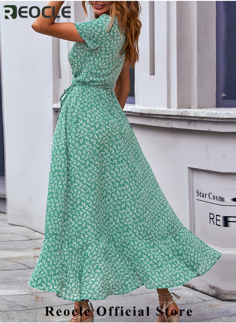 Women's Summer Wrap Maxi Dress Casual Boho Floral V Neck Short Sleeve Ruffle Hem Split Beach Long Dresses