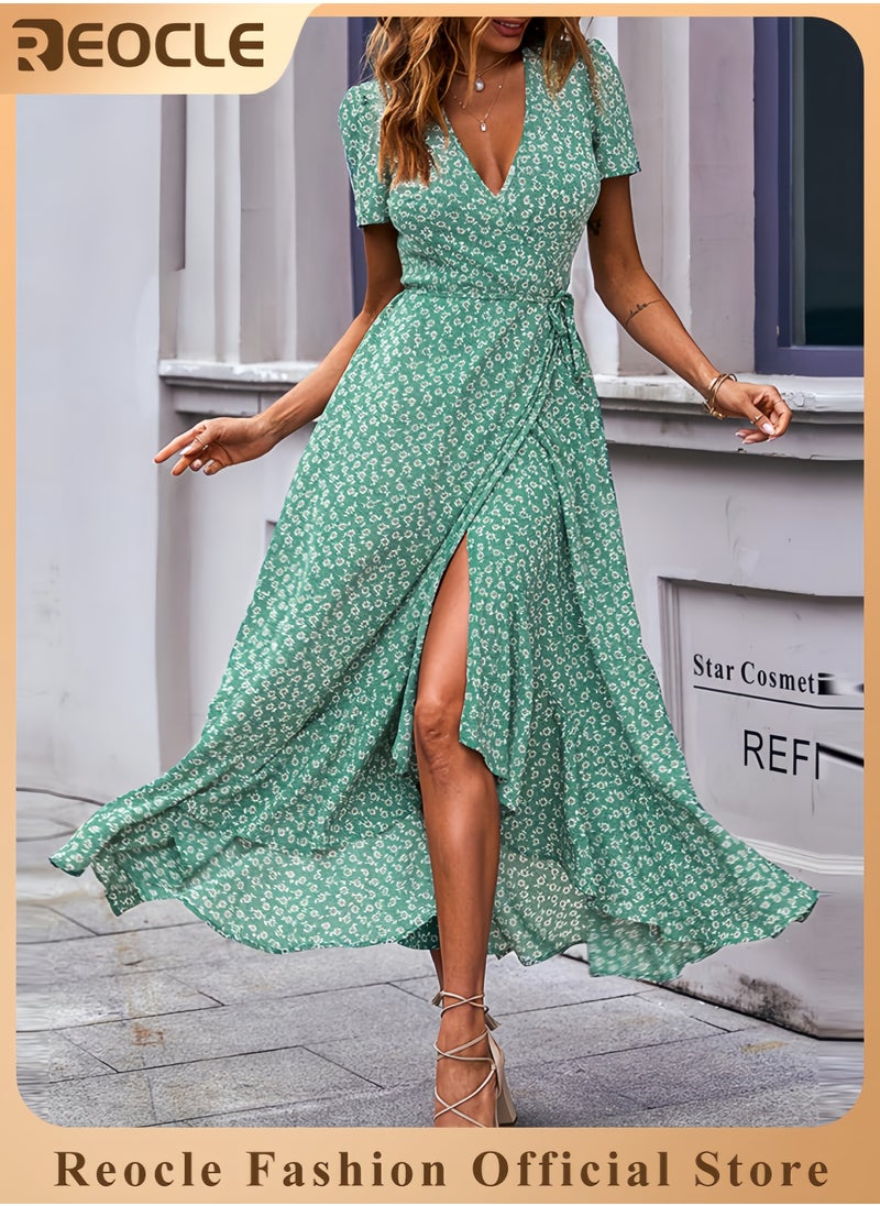 Women's Summer Wrap Maxi Dress Casual Boho Floral V Neck Short Sleeve Ruffle Hem Split Beach Long Dresses