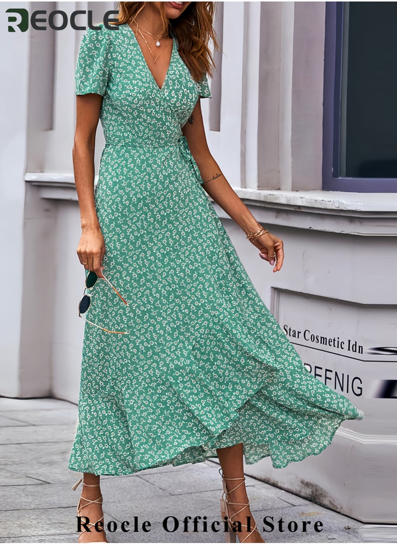 Women's Summer Wrap Maxi Dress Casual Boho Floral V Neck Short Sleeve Ruffle Hem Split Beach Long Dresses