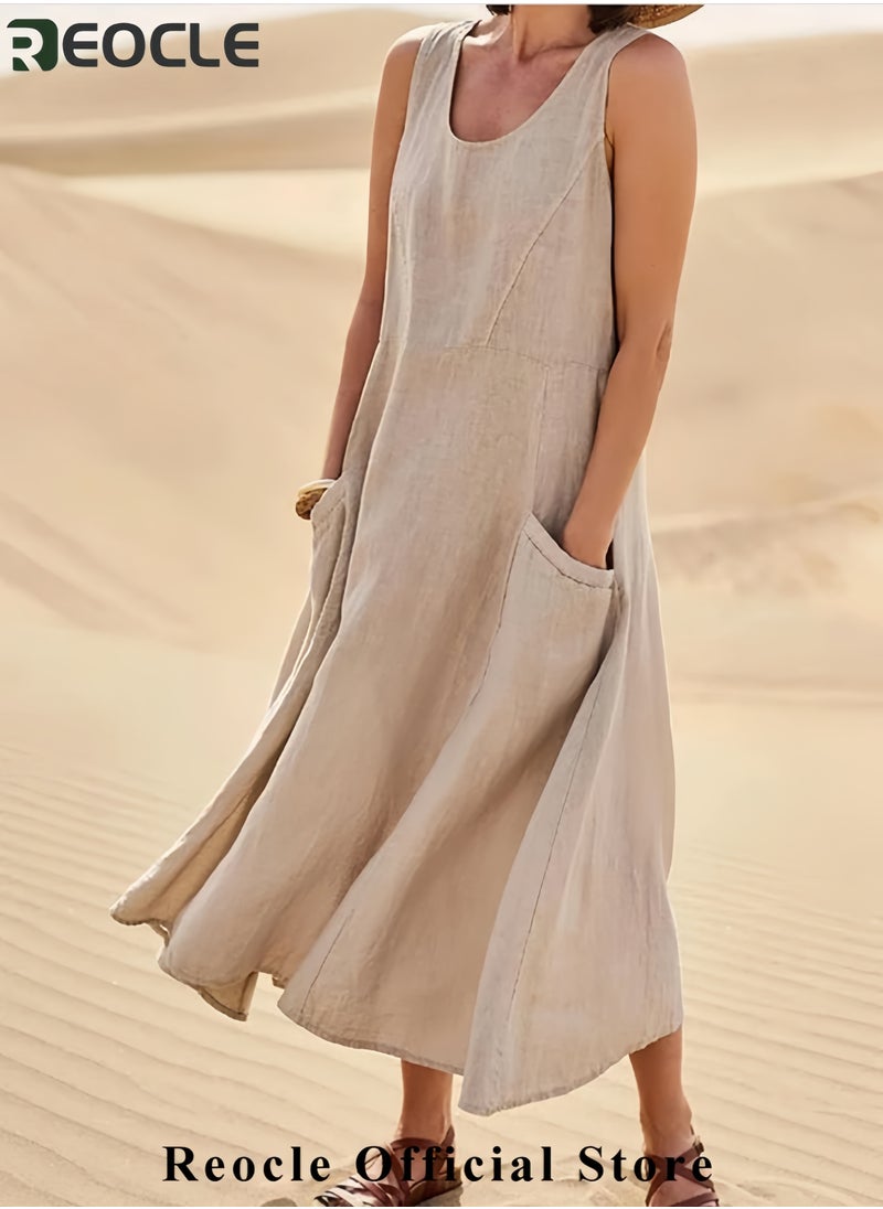 Summer Dresses for Women Casual Print Boho Sundress Crew Neck Sleeveless Pockets Beach Vacation Maxi Dresses