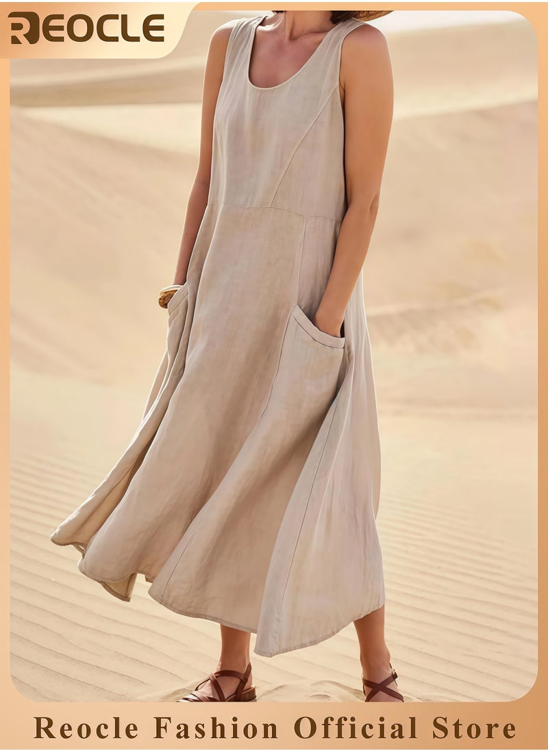 Summer Dresses for Women Casual Print Boho Sundress Crew Neck Sleeveless Pockets Beach Vacation Maxi Dresses