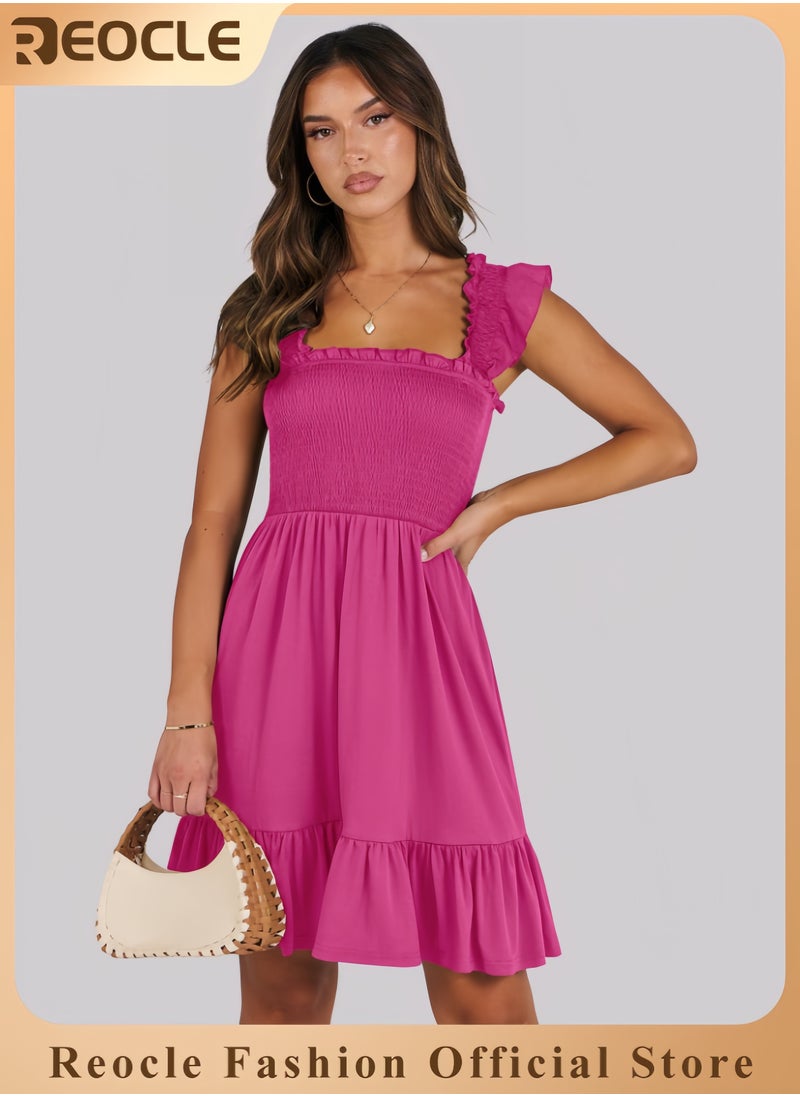 Women's Summer Casual Sleeveless Square Neck Dress Smocked Ruffle Backless Boho Beach Cute Teen Short Sundress