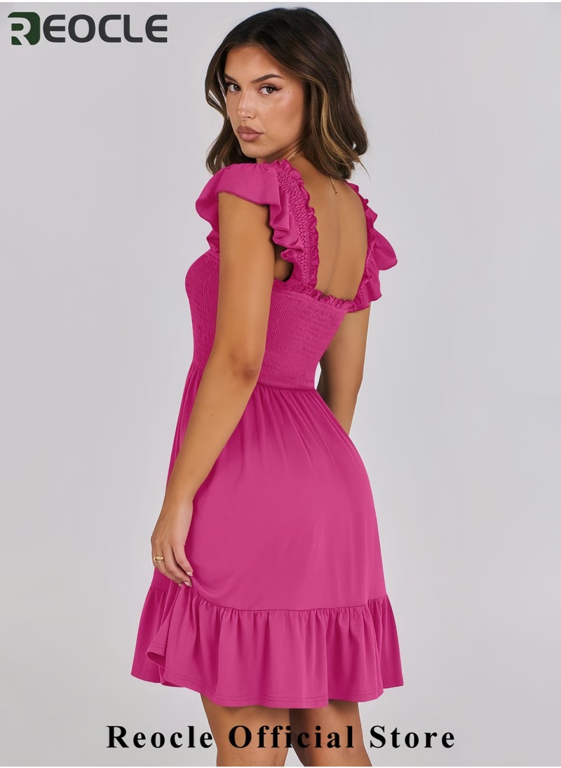 Women's Summer Casual Sleeveless Square Neck Dress Smocked Ruffle Backless Boho Beach Cute Teen Short Sundress