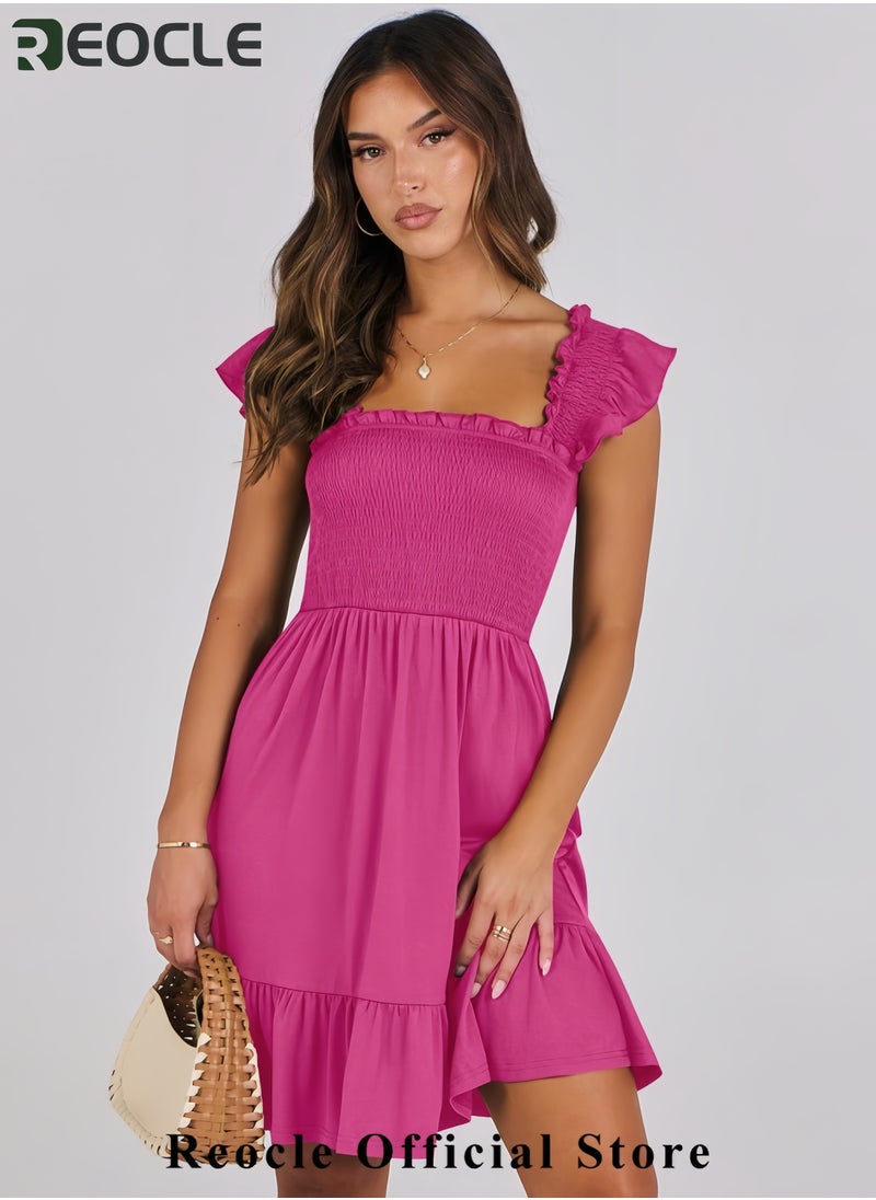 Women's Summer Casual Sleeveless Square Neck Dress Smocked Ruffle Backless Boho Beach Cute Teen Short Sundress