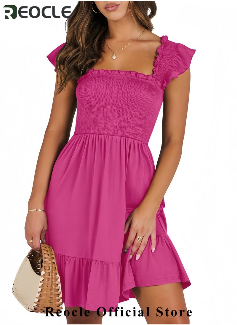 Women's Summer Casual Sleeveless Square Neck Dress Smocked Ruffle Backless Boho Beach Cute Teen Short Sundress