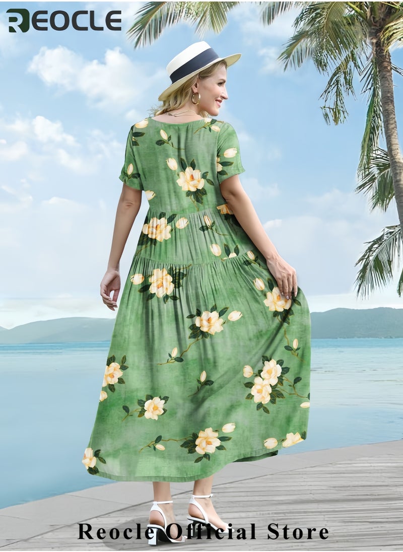 Women Casual Loose Bohemian Floral Dress with Pockets Short Sleeve Long Maxi Summer Beach Swing Dress EJF
